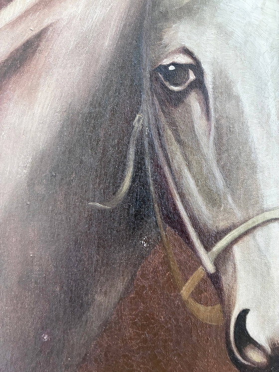 Origineel vintage olieverfschilderij van een wit paard, gesigneerd ruiterportret – Schilderijen & Tekeningen (photo 6 of 19)