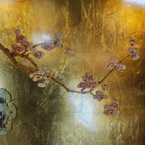 Image 1 of Vintage Chinese cabinet gold leaf flowers and peacocks and birds / oriental cabinet / bohemian cabinet / Asian cabinet