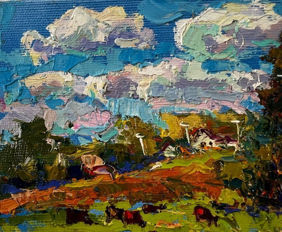 Image 1 of Original Oil Painting Rural Life Landscape A Warm Summer Day