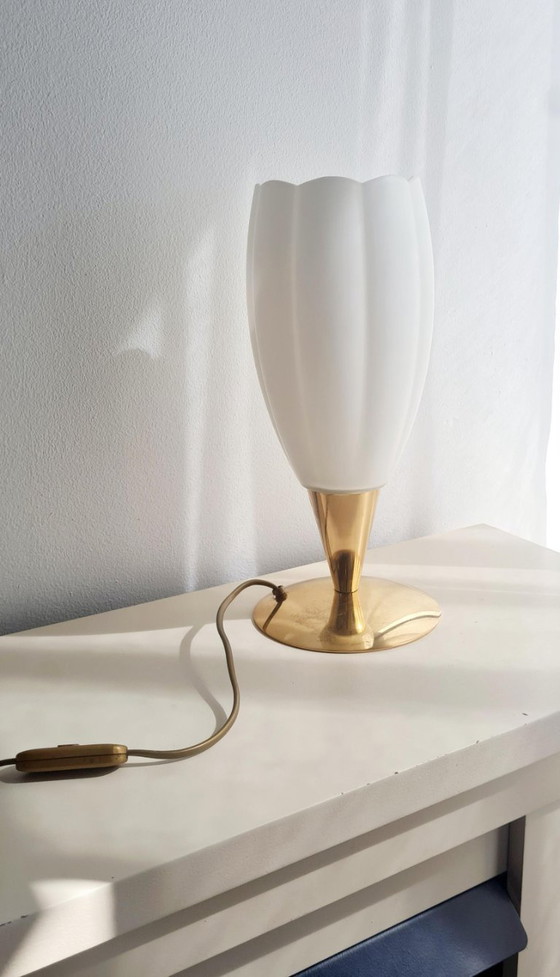 Image 1 of Lampada vintage a tulipano, vetro smerigliato, oro, stile francese
