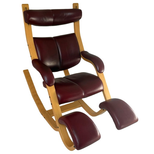 Peter Opsvik - Stokke - Gravity Balance (Design from 1991) Ergonomically Shaped Rocking Chair - Red Leather and Natural Frame