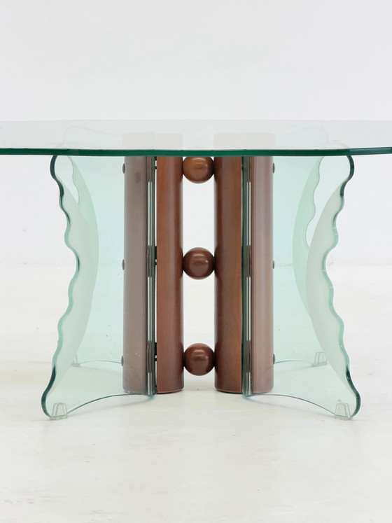 Vintage Postmodern Coffee Table with Wavy Glass and Wooden Spheres – Memphis (photo 2 of 8)