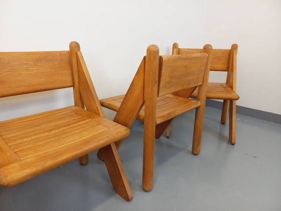Image 1 of Exceptional suite of a large rectangular table and 4 vintage Brutalist chairs in solid oak from the 60s