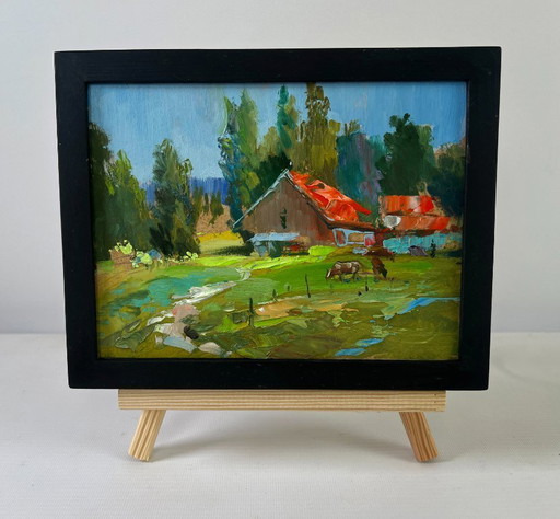 Original Oil Painting Rural Life Landscape A small village world