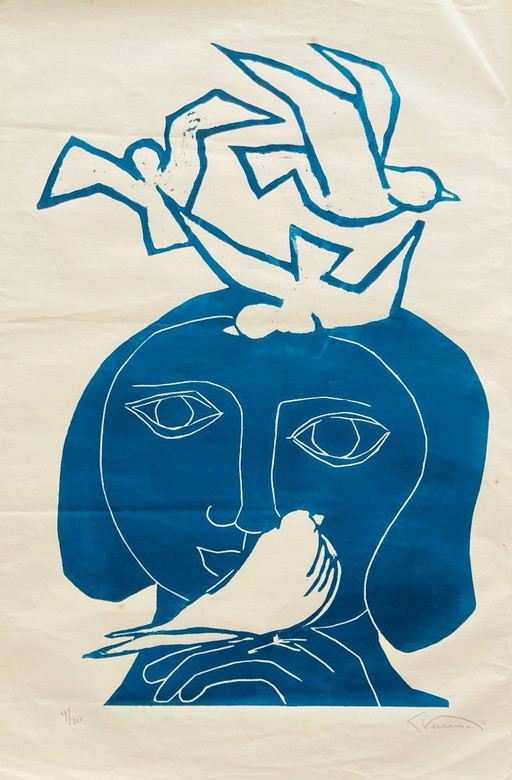 Libbe Venema - Linoleografia vintage - anni '70/'80 - Blu