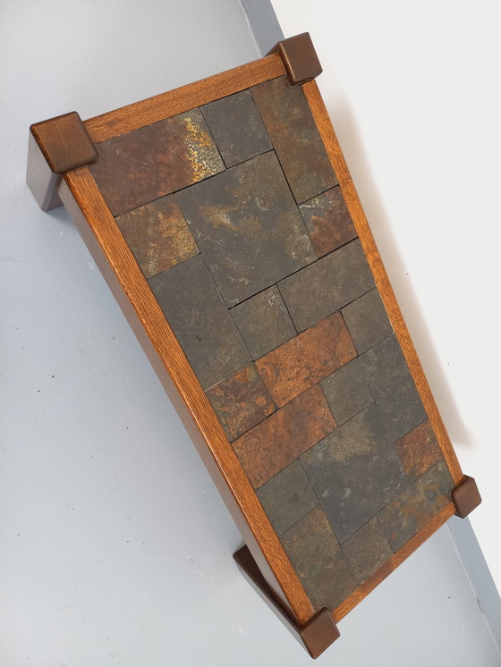 Image 1 of Table Basse Vintage Brutaliste en Chêne et Ardoise des Années 60-70