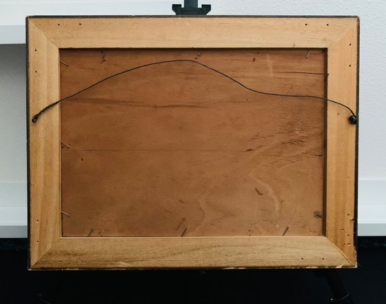 Image 1 of Tableau unique signé, pont dans la forêt. Avec cadre en bois.