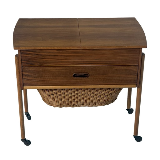 Teak wood - Vintage sewing box / table on casters - Wicker basket - Scandinavian, Denmark, ca. 1960’s
