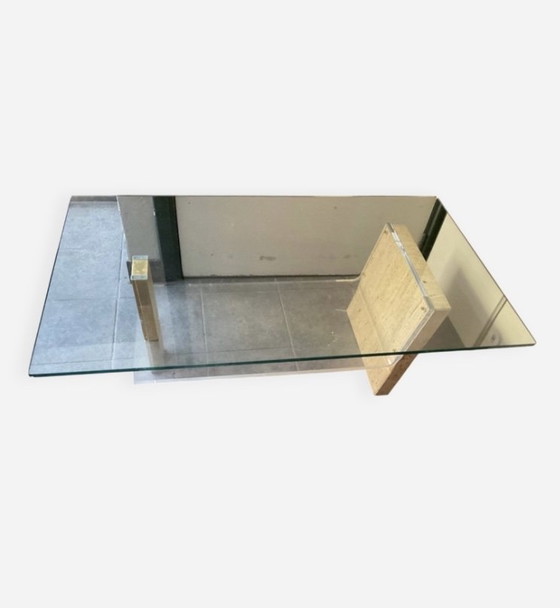 Image 1 of 70s glass and travertine coffee table