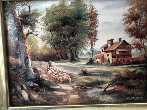 Enamel on Metal Signed ESTHER – Pastoral Landscape – Vintage Framed – Paintings & Drawings, Wood (photo 7 of 13)