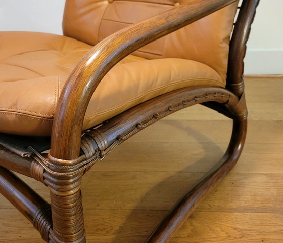 Image 1 of Poltrona vintage in rattan con cuscini in pelle del 1970