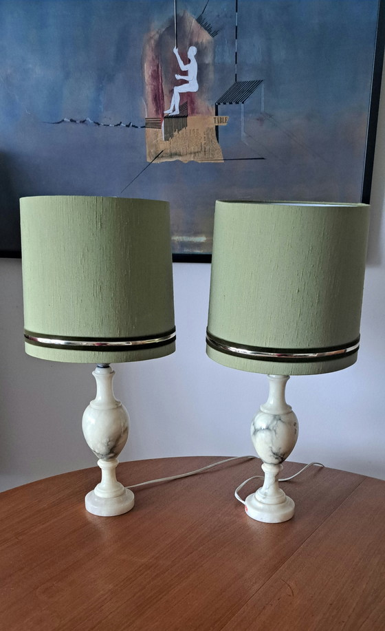 Image 1 of Pair of Italian Marble Table Lamps with Olive Green Silk Shades – Vintage 1970s