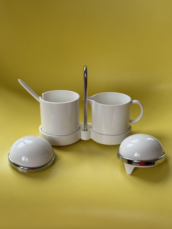 Image 1 of Vintage Emsa melk en suiker set – retro wit kunststof & chroom – West-Duits design jaren 70/80