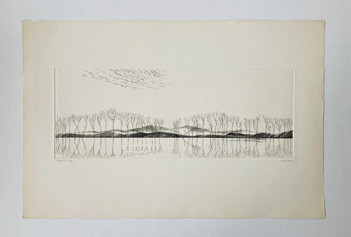 Yves Tregan - Gravure ancienne - Paysage abstrait/Arbres