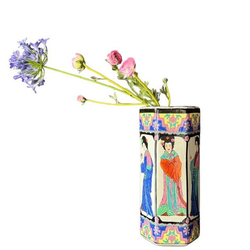 Vase hexagonal vintage - Décor asiatique coloré - ca. 1960-1980 - 35 cm - Céramique sculpturale