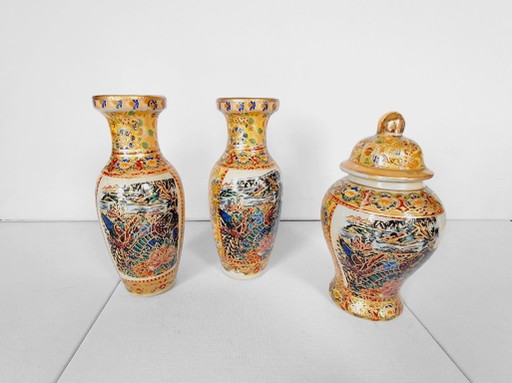 3-teiliges Vintage Geisha Japanische Satsuma Vasen Set, 60er/70er Jahre
