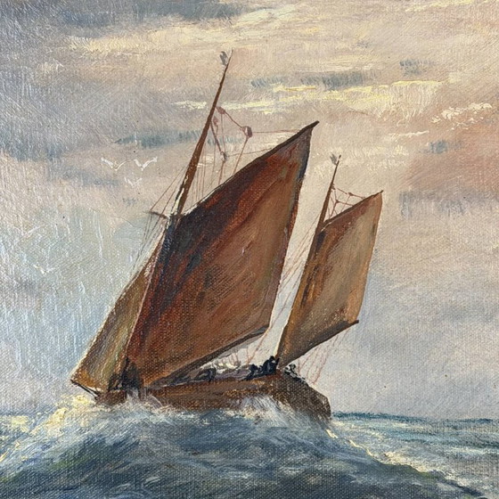 R. Doorn – Pintura Al Óleo Marítima Antigua Con Barco Pesquero, Ca. 1920 – Pinturas y dibujos, Canvas (photo 2 of 5)