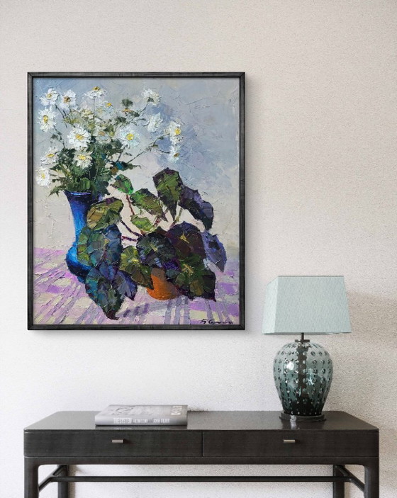 Image 1 of Dipinto ad olio originale: Natura morta con fiori, begonie e margherite.