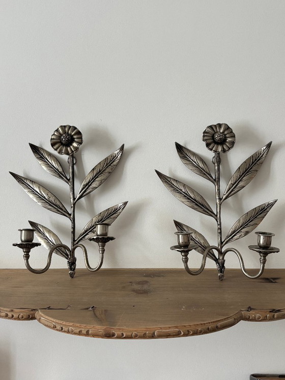 Pair of floral wall sconces, silver-colored metal, Candle holders (photo 2 of 11)