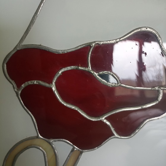 Image 1 of Pannello in vetro colorato francese unico (Pièce Unique) – Design papavero con illuminazione d'atmosfera