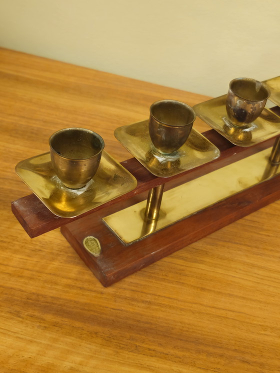 Image 1 of Vintage Teakhouten Kandelaar Kaarsenhouder Messing 
