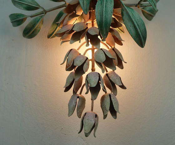 Image 1 of vintage florentine wisteria WALL LAMP metal floral hollywood regency style italy 1970s 80s