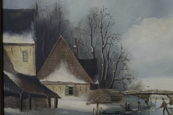 Image 1 of Pintura al óleo original "Paisaje invernal holandés con patinadores" de Frits Meijer