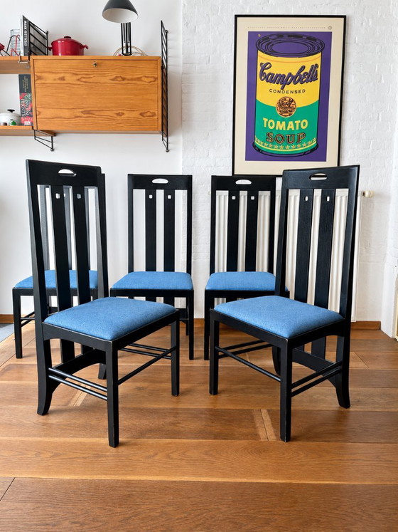 Set of 5 Ingram chairs – after a design by Charles Rennie Mackintosh – – Dining chairs, Wood, Textile (photo 7 of 10)