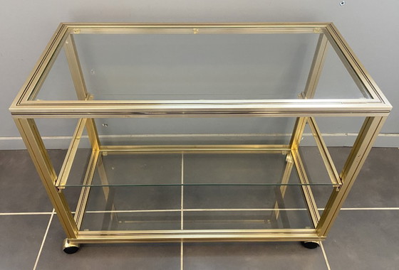 Image 1 of Meuble rangement télé hifi vidéo métal doré verre Pierre Vandel Paris 1970 vintage