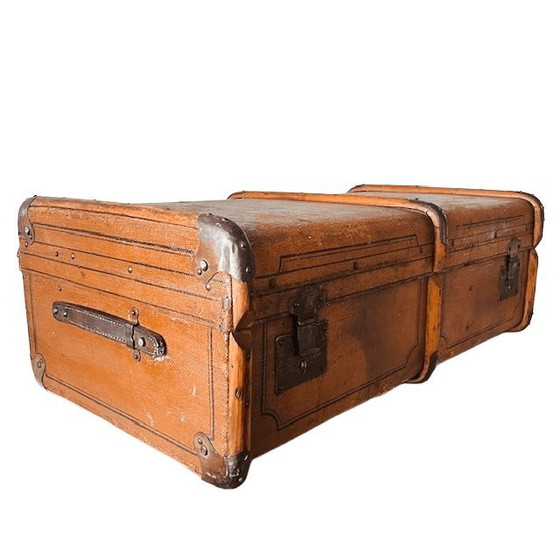 Image 1 of Antique XL canvas trunk with wooden bumpers 1900s