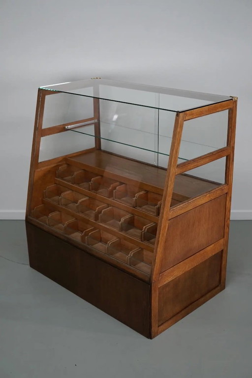 Antique Spanish haberdashery cabinet / shop counter in beech and oak, 1950s