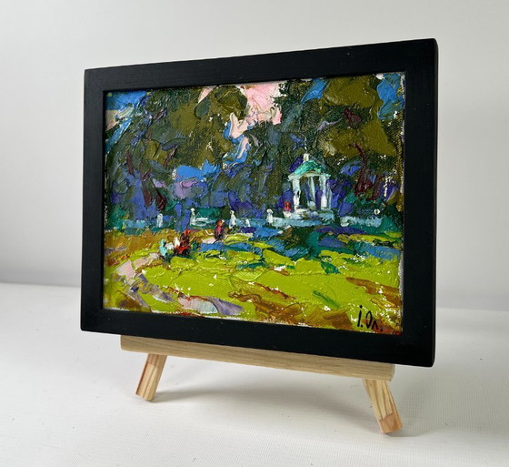 Image 1 of Origineel olieverfschilderij: Zomers boslandschap, een wandeling in het park.