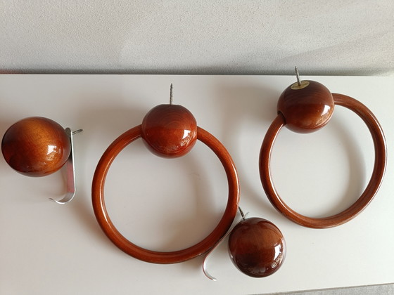 Image 1 of Large Vintage Lacquered Wood Towel Rail & Wall Hook Set, 4 Pieces, 1970s Style