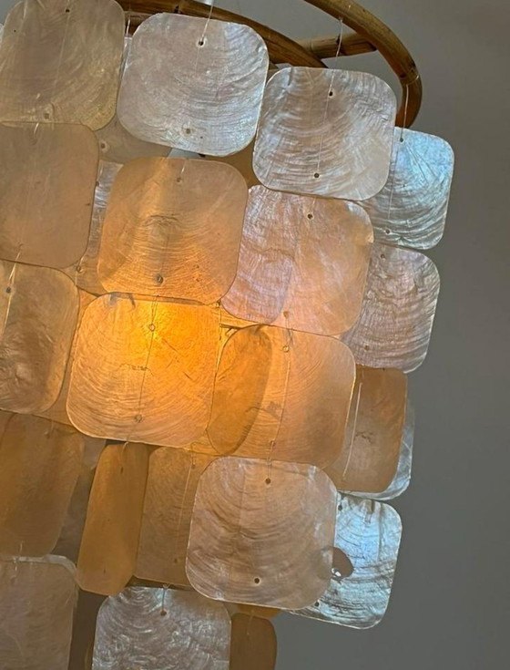 Image 1 of Lot de 2 lampes suspendues Capiz Shell Perle de coquillage Cadre en bambou Câblage blanc