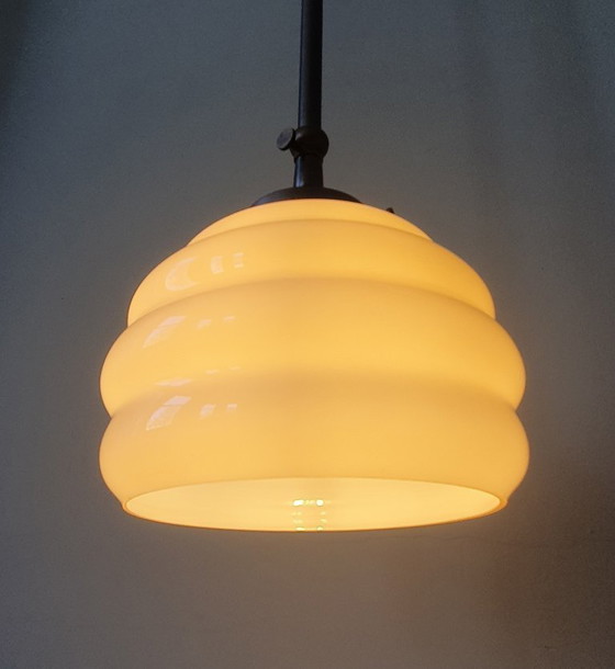 Image 1 of Long Vintage Art Deco Rose Opaline pendant lamp - hanging lamp