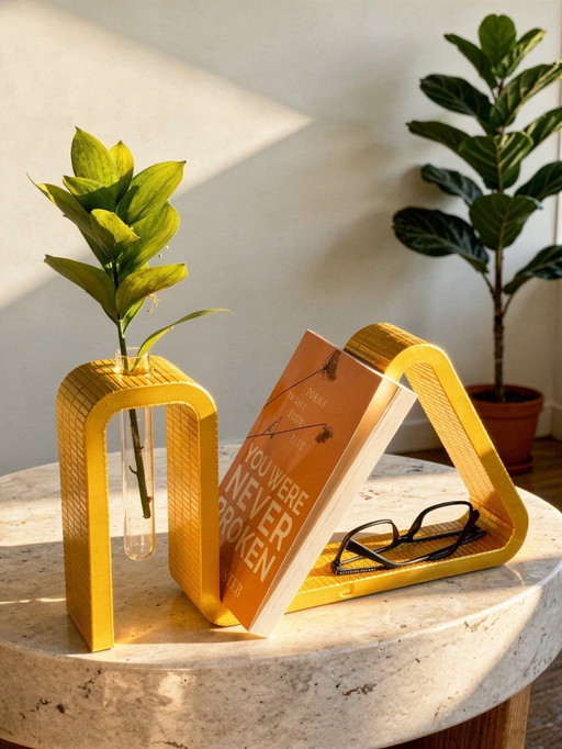 3D-gedruckter Buchständer mit Brillenhalter und Reagenzglasvase – Dekoratives Display aus goldenem PLA