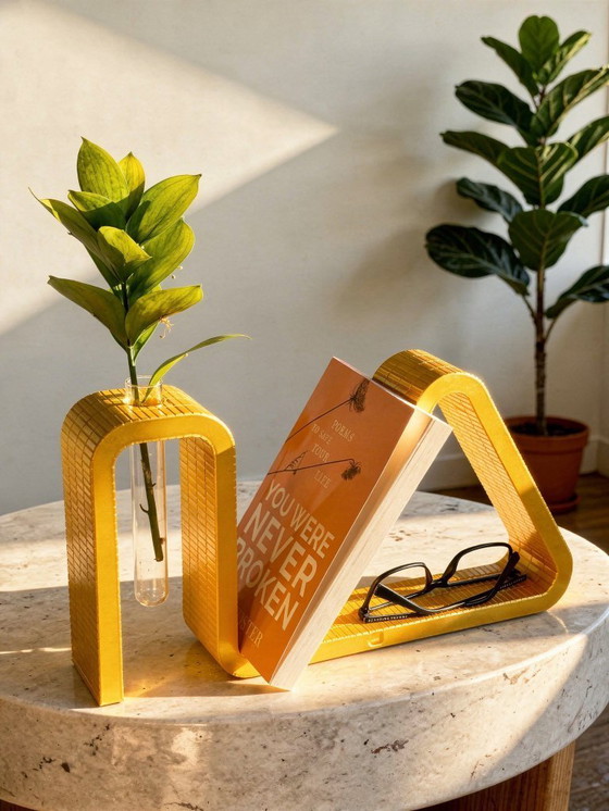 Image 1 of 3D-gedruckter Buchständer mit Brillenhalter und Reagenzglasvase – Dekoratives Display aus goldenem PLA