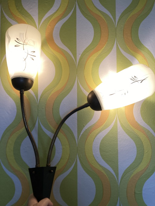 50's wall lamp with 2 bending springs and hand-painted glass shades
