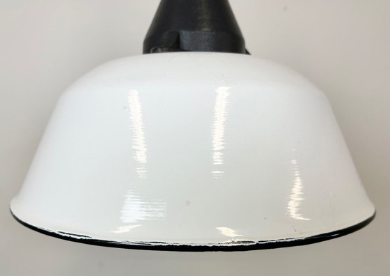 Image 1 of White Enamel and Cast Iron Industrial Pendant Light with Glass Cover, 1960s