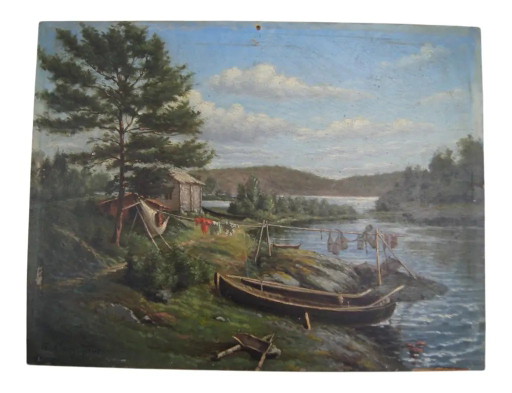 Peinture à l'huile de paysage "Trapper's Refuge at the Water's Edge" de la fin du 19e siècle par Georges Caminade