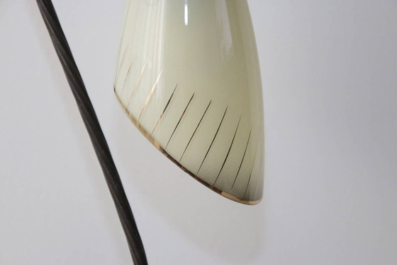 Image 1 of Vintage brass table lamp with curved arm and glass shade