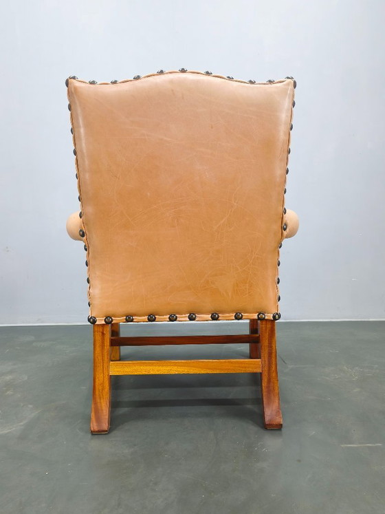 Image 1 of Antieke Deense leren fauteuil, gesneden houten clubfauteuil, begin 1900