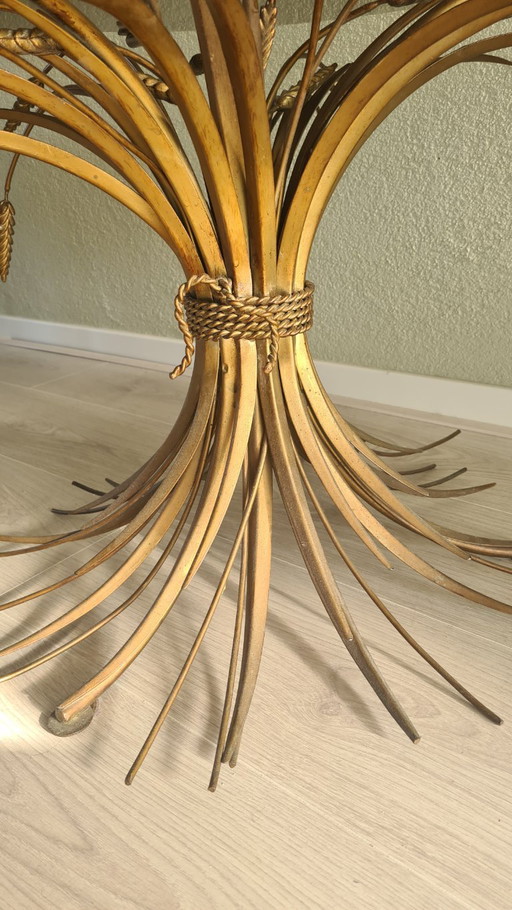 Hollywood Regency sheaf of wheat table gilded metal & glass in the style of Coco Chanel (Ø57 × H46)