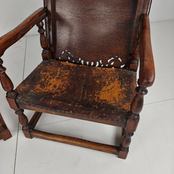 Pair of English Antique Jacobean Monk Armchairs / Tables by F. Parker & Sons Ltd – Wood, Leather (photo 12 of 16)