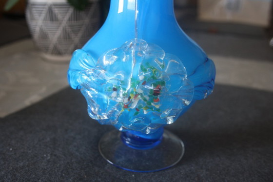 Image 1 of Blue hand-blown vase from Stevens & Williams with appliquéd flower