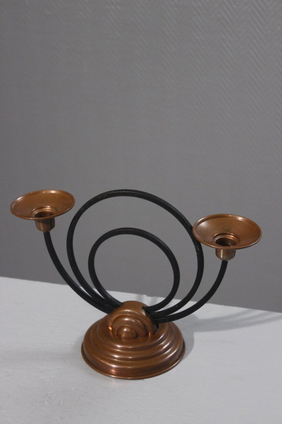 Image 1 of Portacandele modernista in rame e ferro, Villedieu, Francia, anni '30, Art Déco