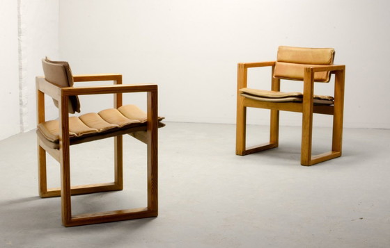 Image 1 of Mid-Century Pair of Dutch Design Camel Leather Cubic Pinewood Side Chairs by Ate van Apeldoorn for Houtwerk Hattem. 1960s.