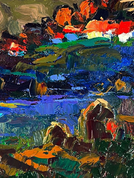 Image 1 of Peinture à l'huile originale, paysage rural, rivière, givre du soir dans les champs