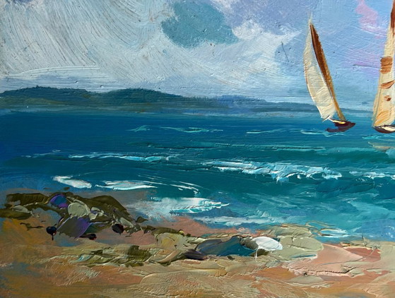 Image 1 of Original Oil Painting: Boat on Sea - Sailboats at Sea