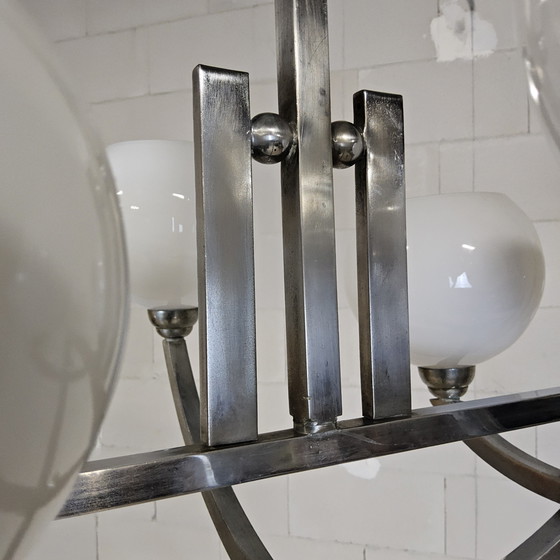 Image 1 of Lustre Art Déco ancien en chrome avec boules de verre, 1920